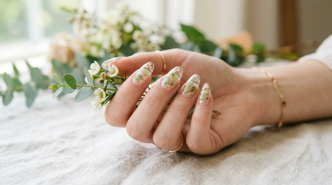 Clear Nails with Floating Green and Gold Petals