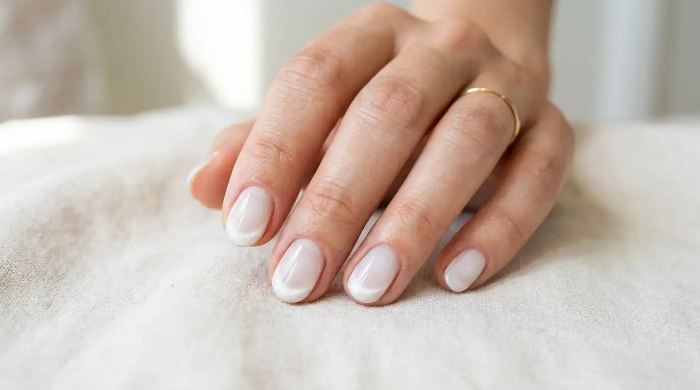 Cloudy white cat eye French tip nails on round-shaped nails