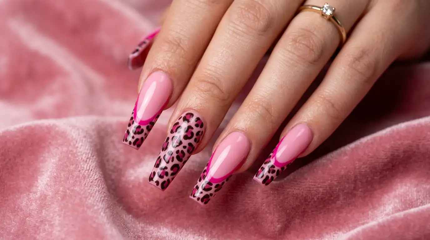 Coffin pink French tip nails with leopard print detail