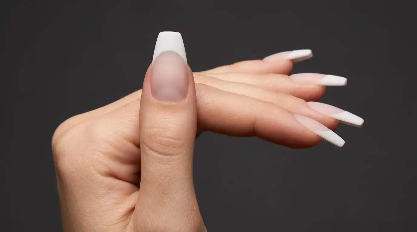 Coffin-shaped nails with a frosted white french tip