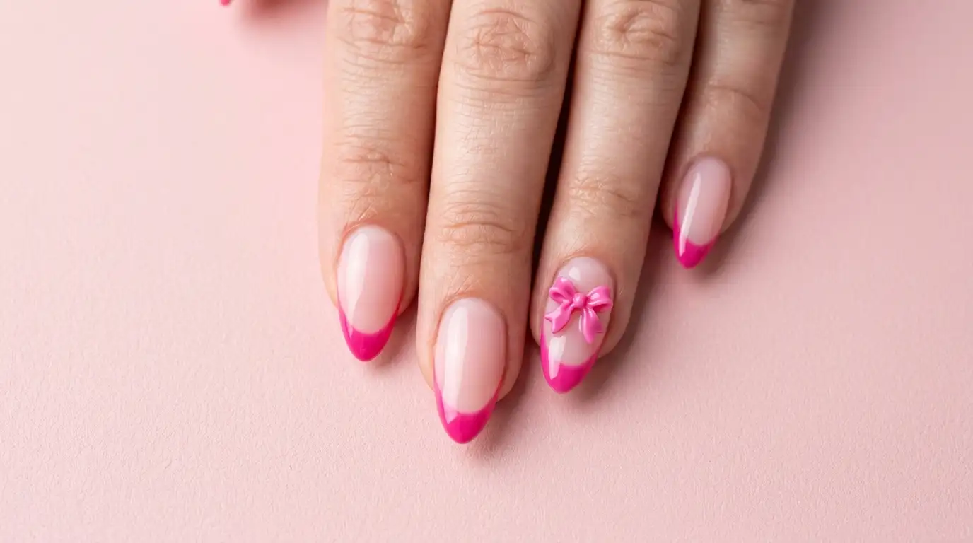 Coquette style pink French tip nails with bow design