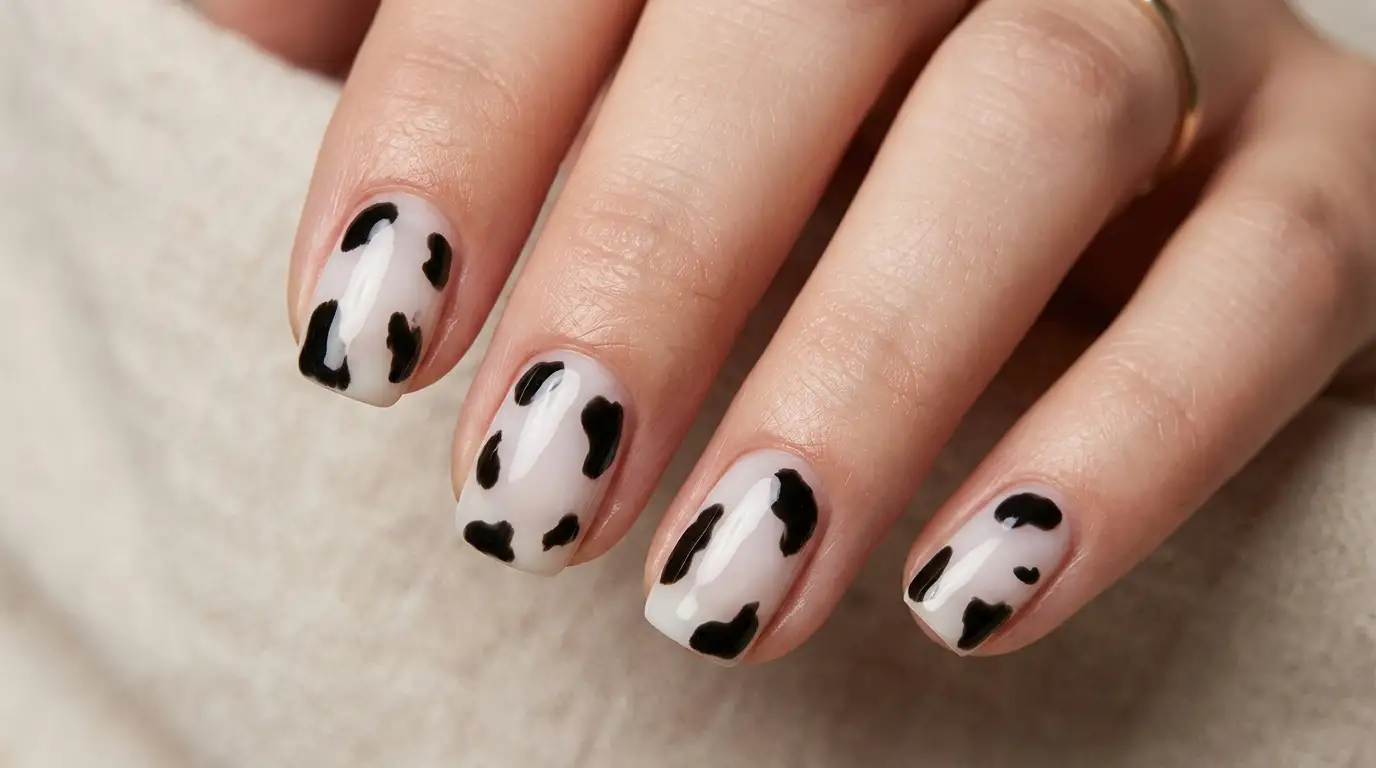 Cow Print Milky Base Nails