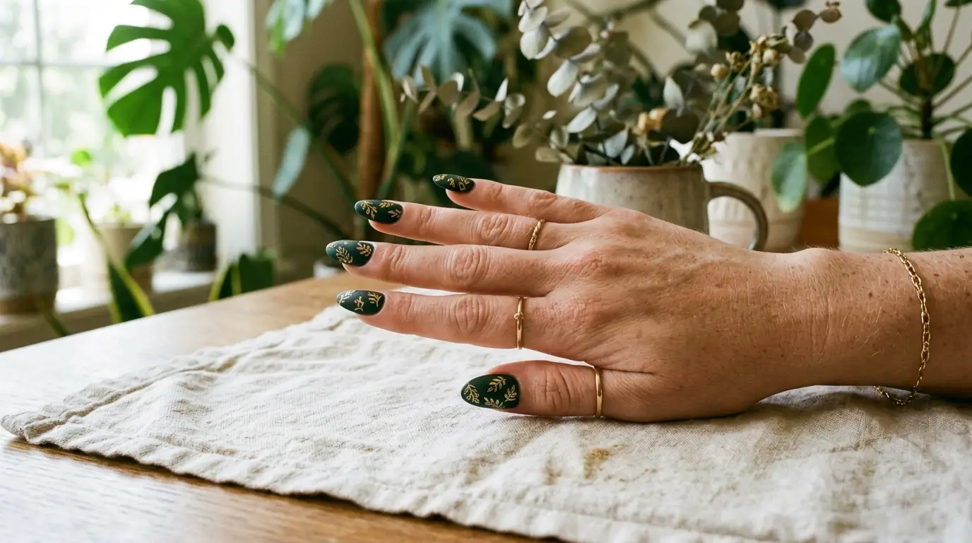 Dark Green Nails Stamped with Gold Leaves