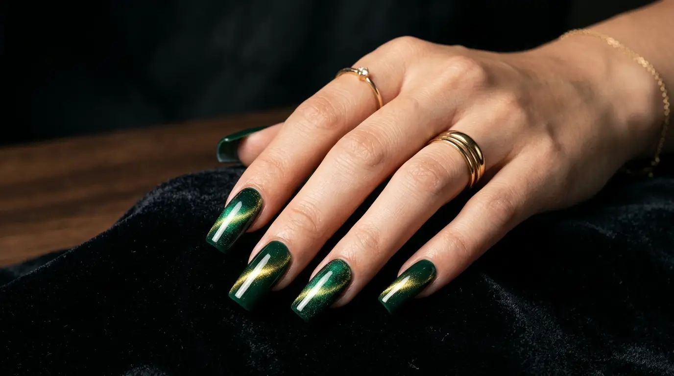Deep Emerald Cat Eye Nails