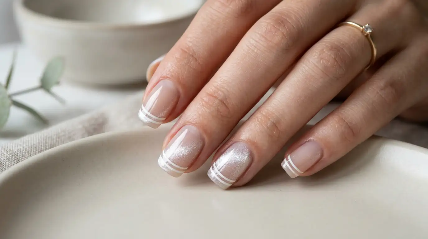 Double-line white cat eye French tip nail design