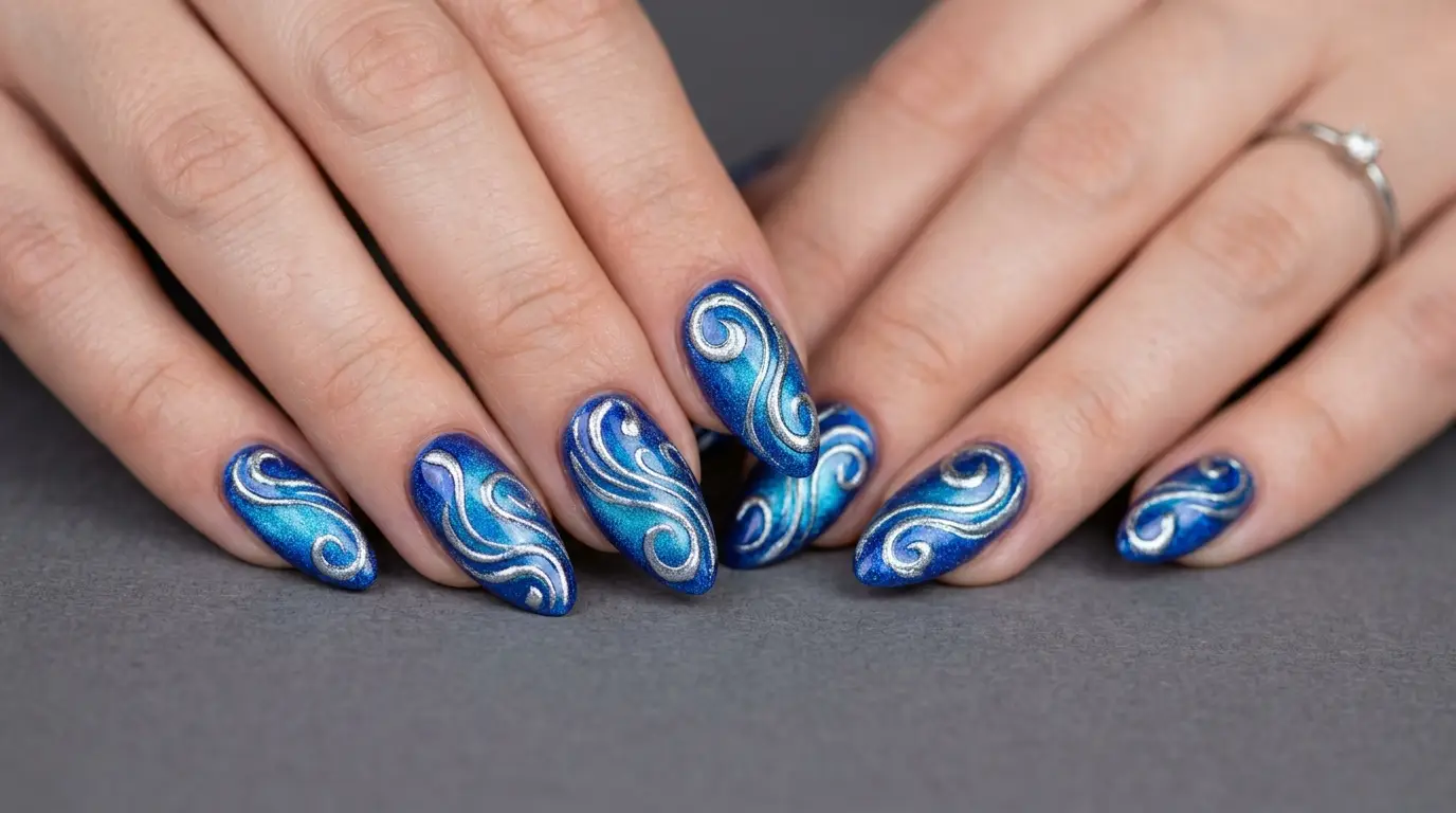 Electric Blue Chrome Swirl Nails
