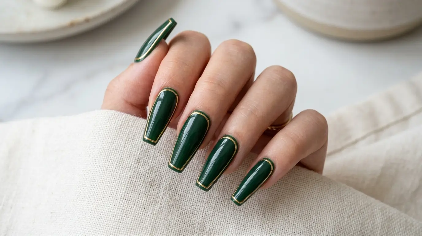 Forest Green Coffin Nails Framed in Gold Lines