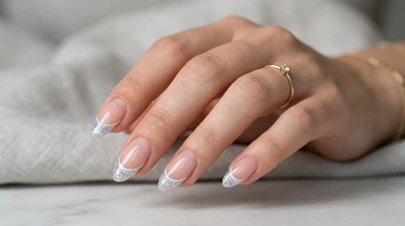 French manicure with iridescent glitter dusted along the white tip