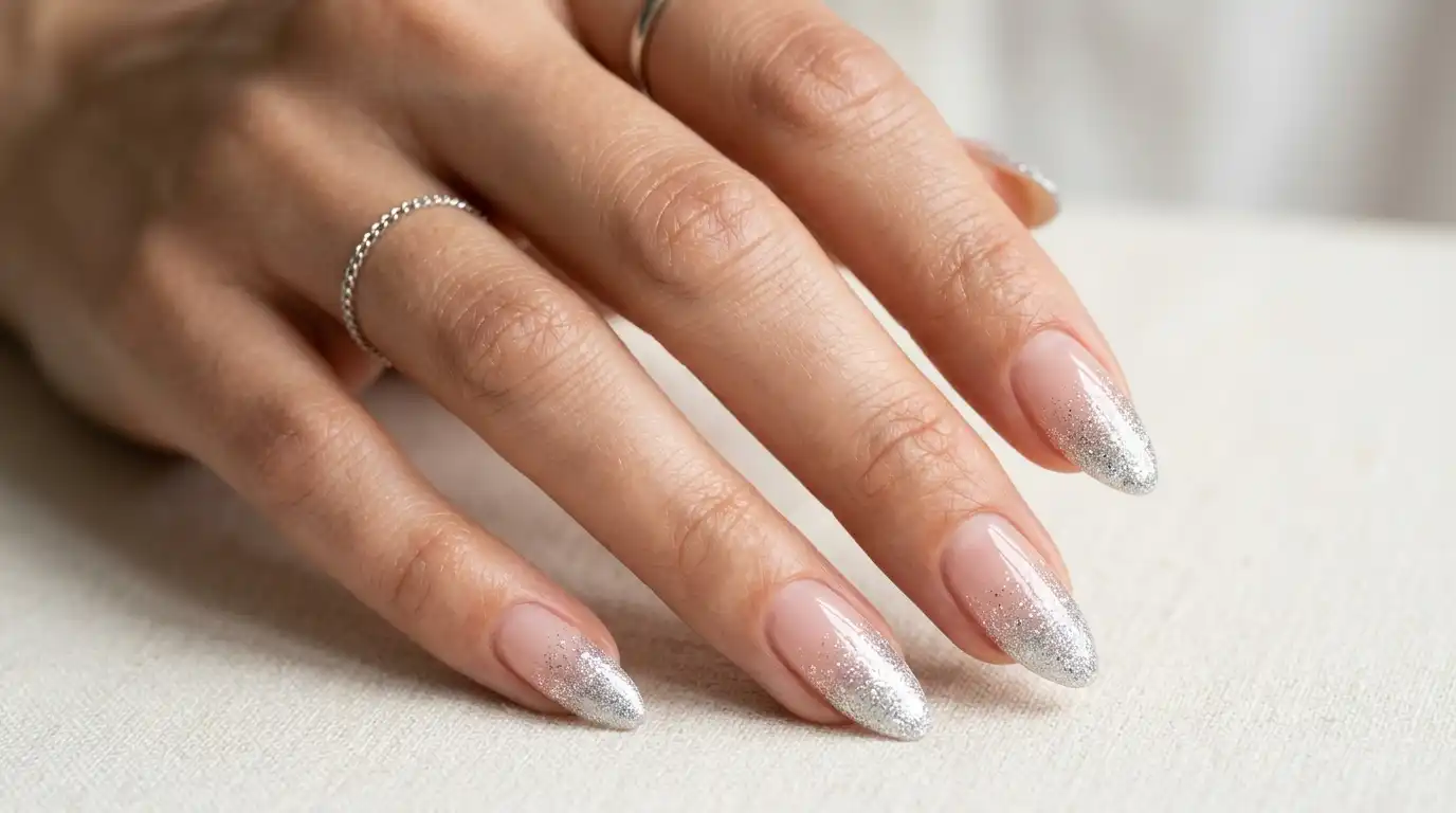 French tip nails with silver glitter fading into the tip in an ombré effect