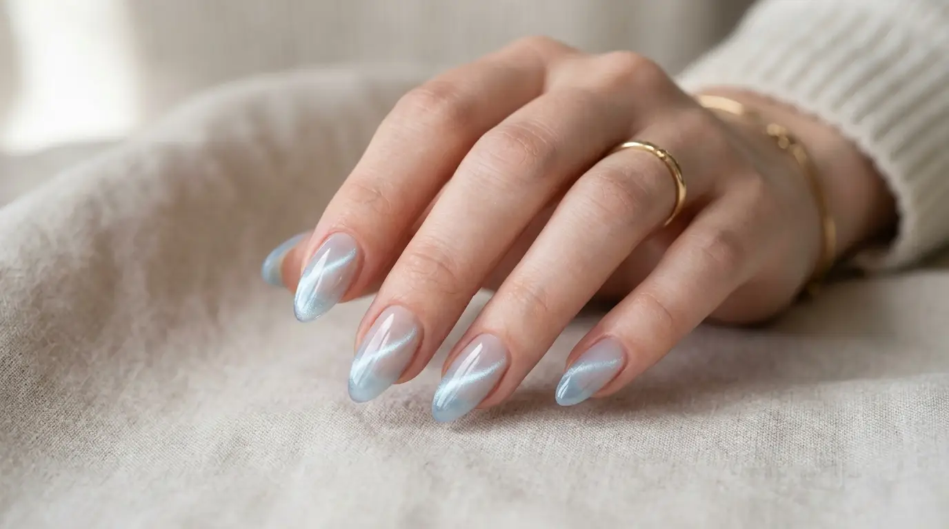 Frosted Ice Blue Cat Eye Nails