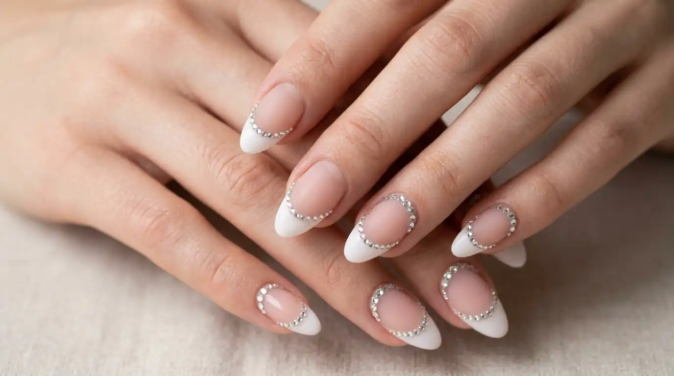 Frosted french tip nails with small rhinestones placed along the tip line