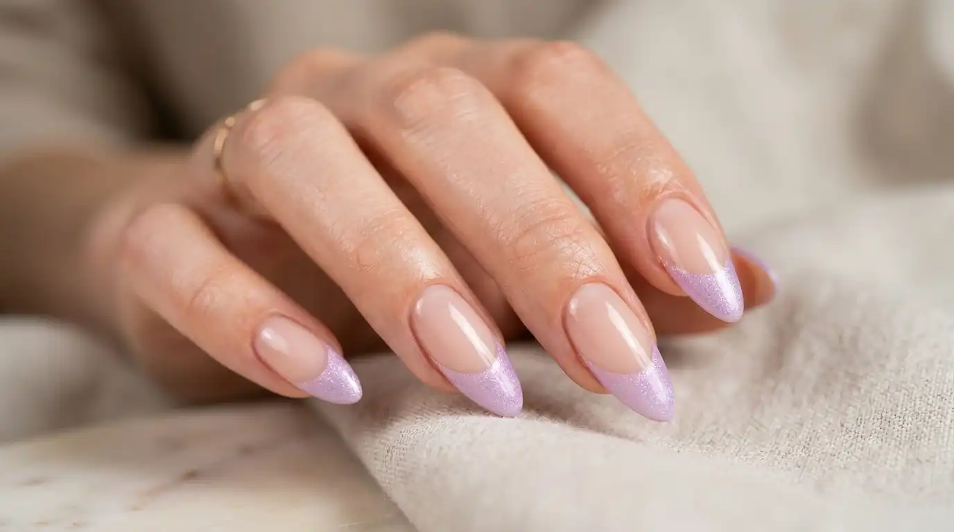 Frosted lilac purple french tip nails on an almond shape