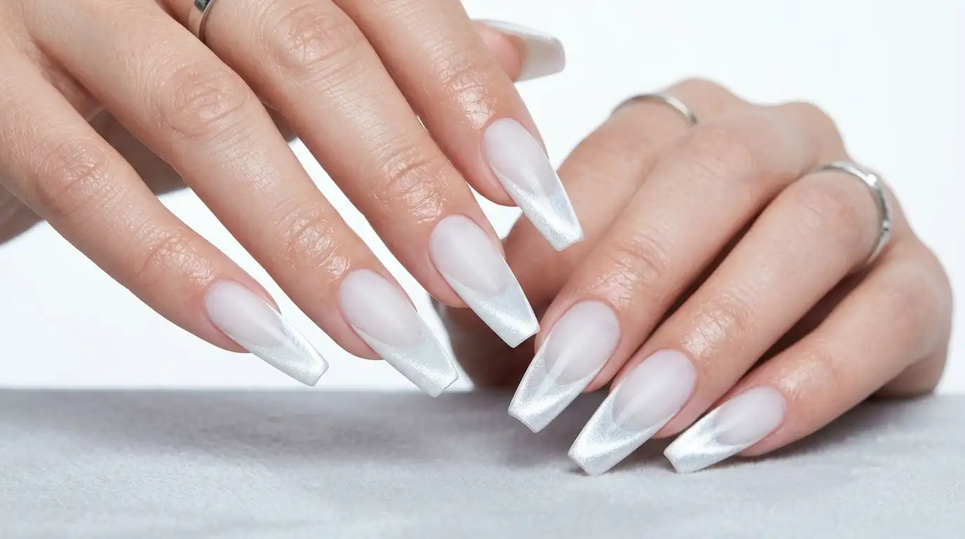 Frosted white cat eye French tip nails on coffin-shaped nails
