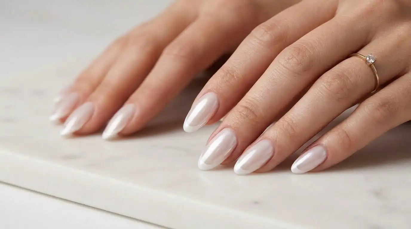 Glossy milky nails with a glazed, pearlescent finish and a subtle white tip