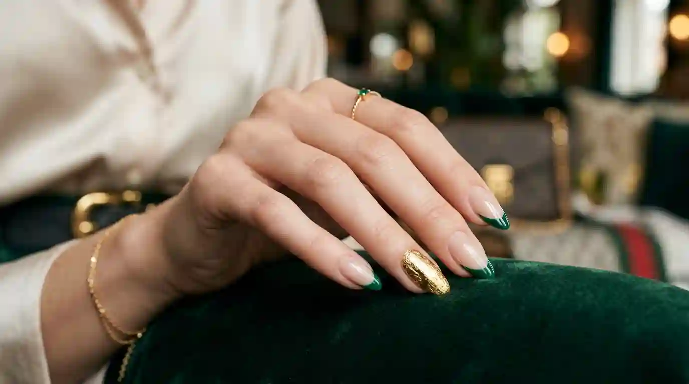 Gold Foil Accent Nail with Green French Set