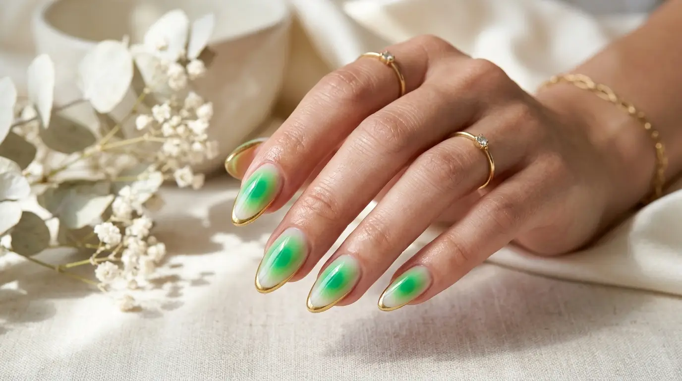 Green Aura Glow Nails Edged in Gold