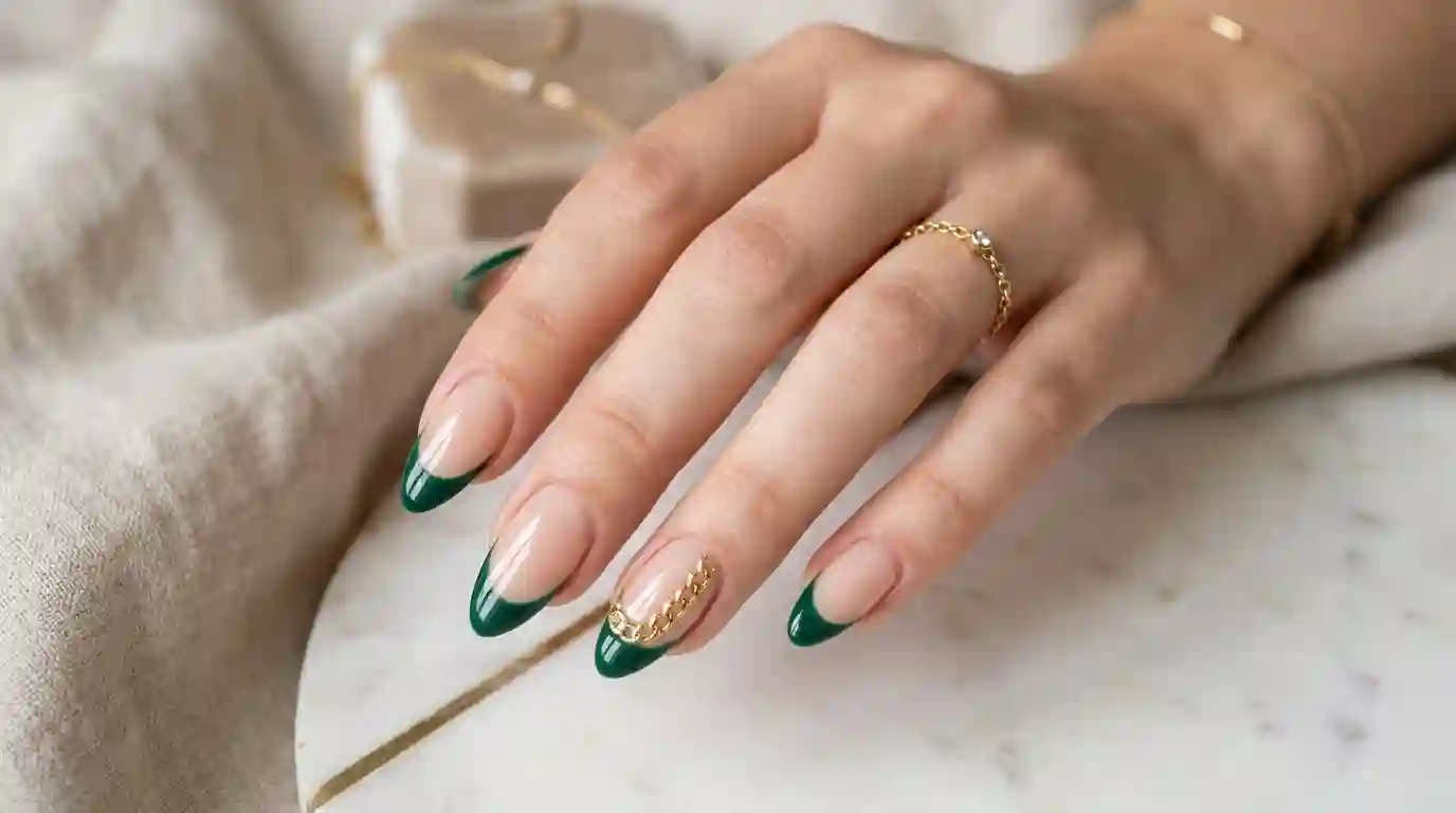 Green French with Gold Chain Nail Art