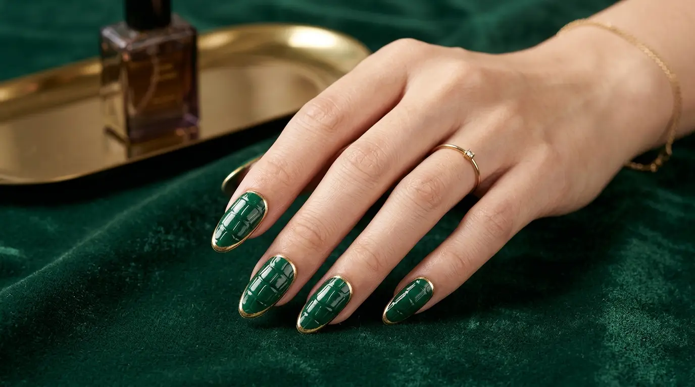 Green Nails with a Gold Rim