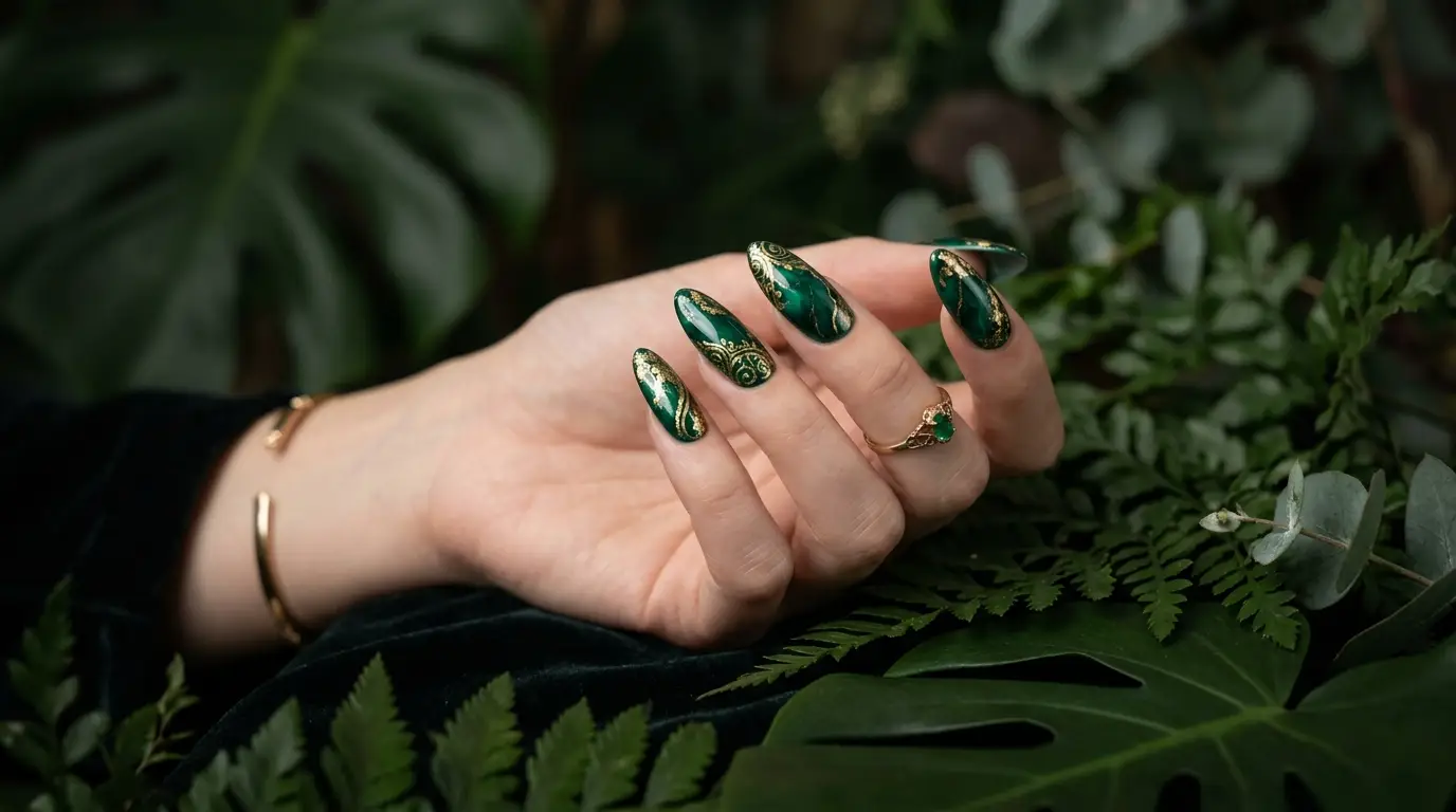 Green and Gold Press On Nail Ideas