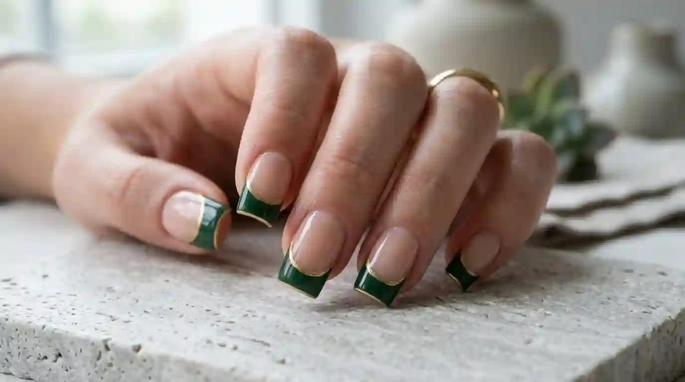 Green and Gold Square Tip Nails