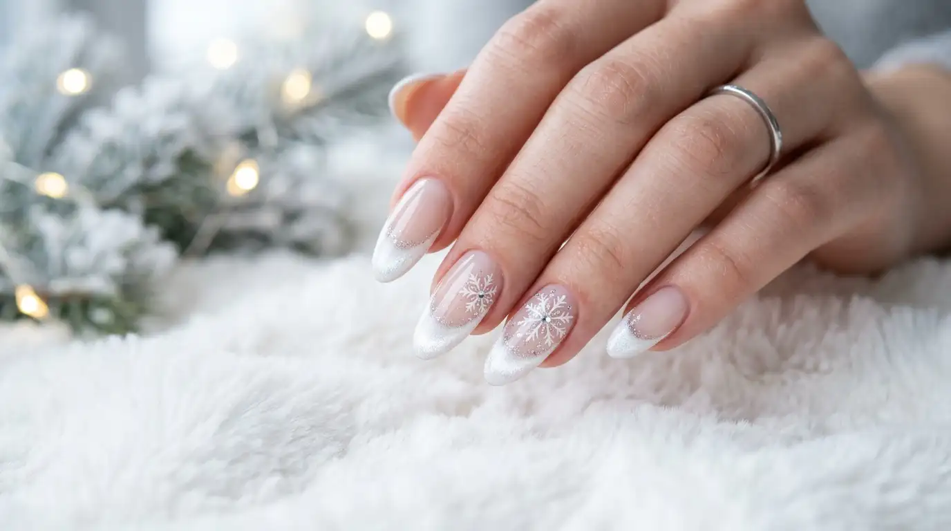 Holiday-themed white cat eye French tip nails with snowflake accents