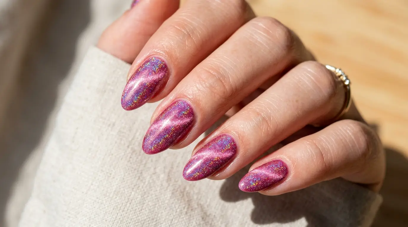 Holographic Pink Cat Eye Nails
