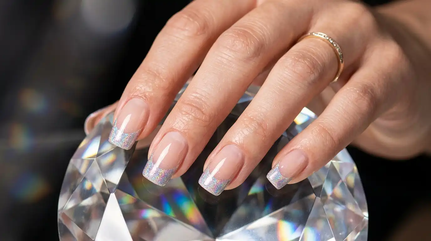 Holographic frosted french tip nails reflecting rainbow light
