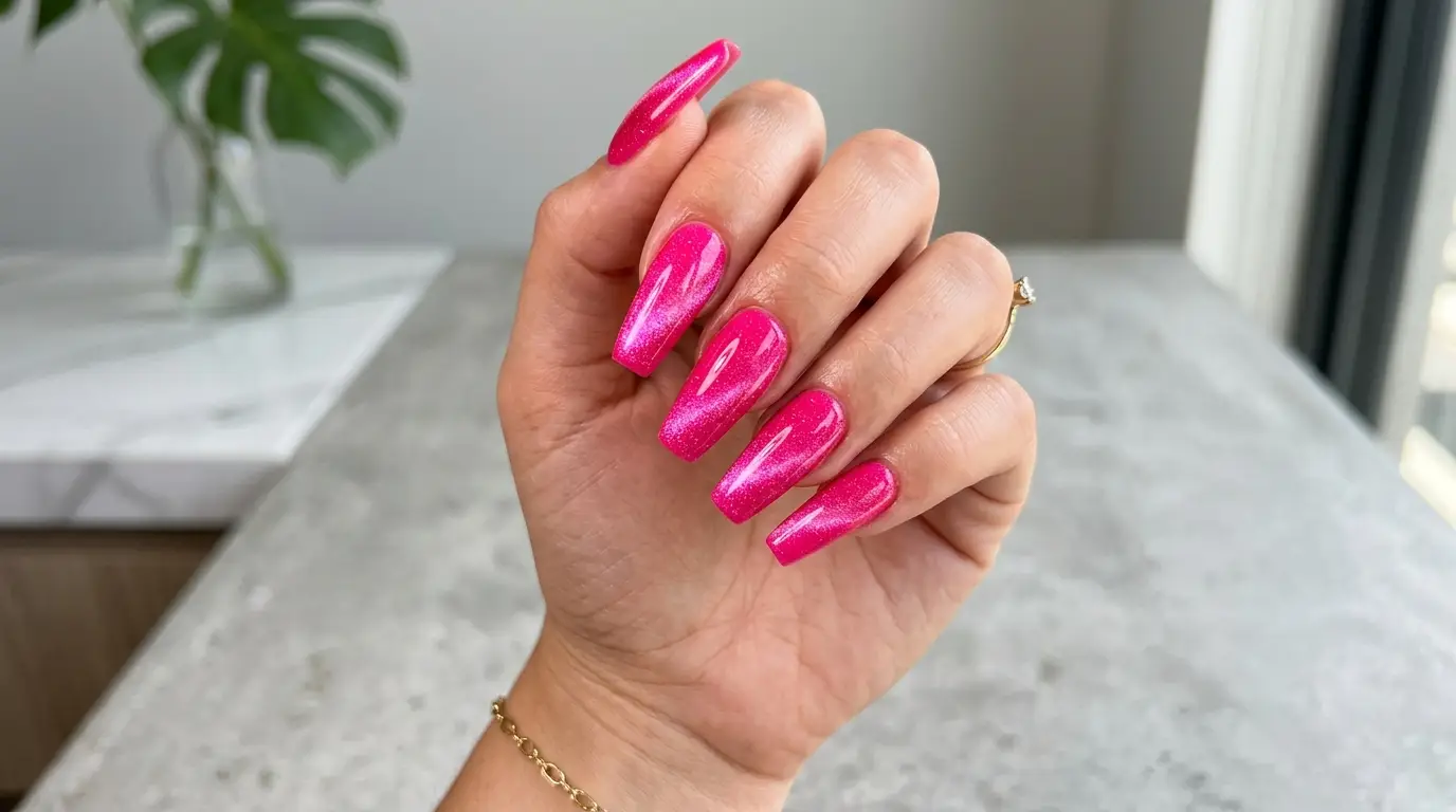 Hot Pink Cat Eye Coffin Nails