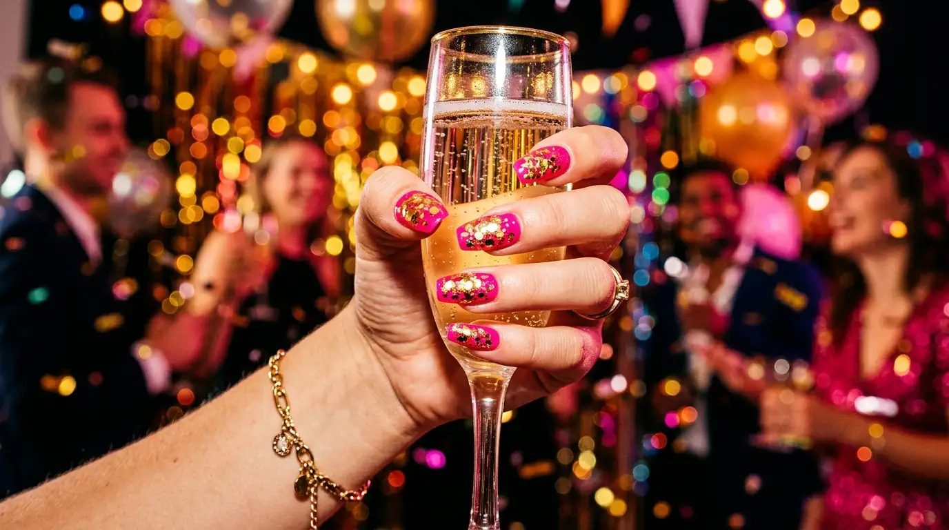 Hot Pink and Gold Chunky Confetti Party Nails
