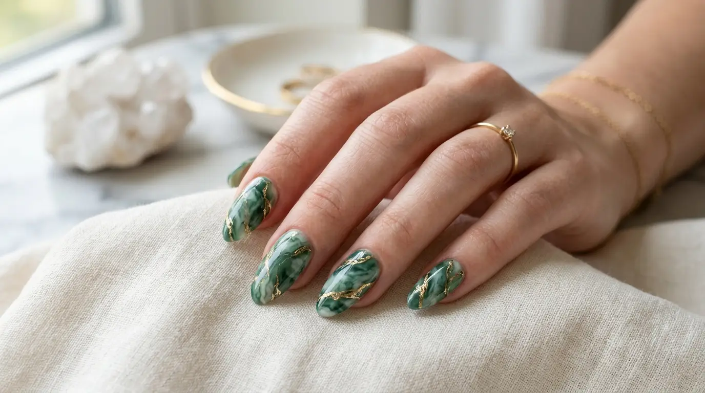 Jade Marble Nails Veined with Gold