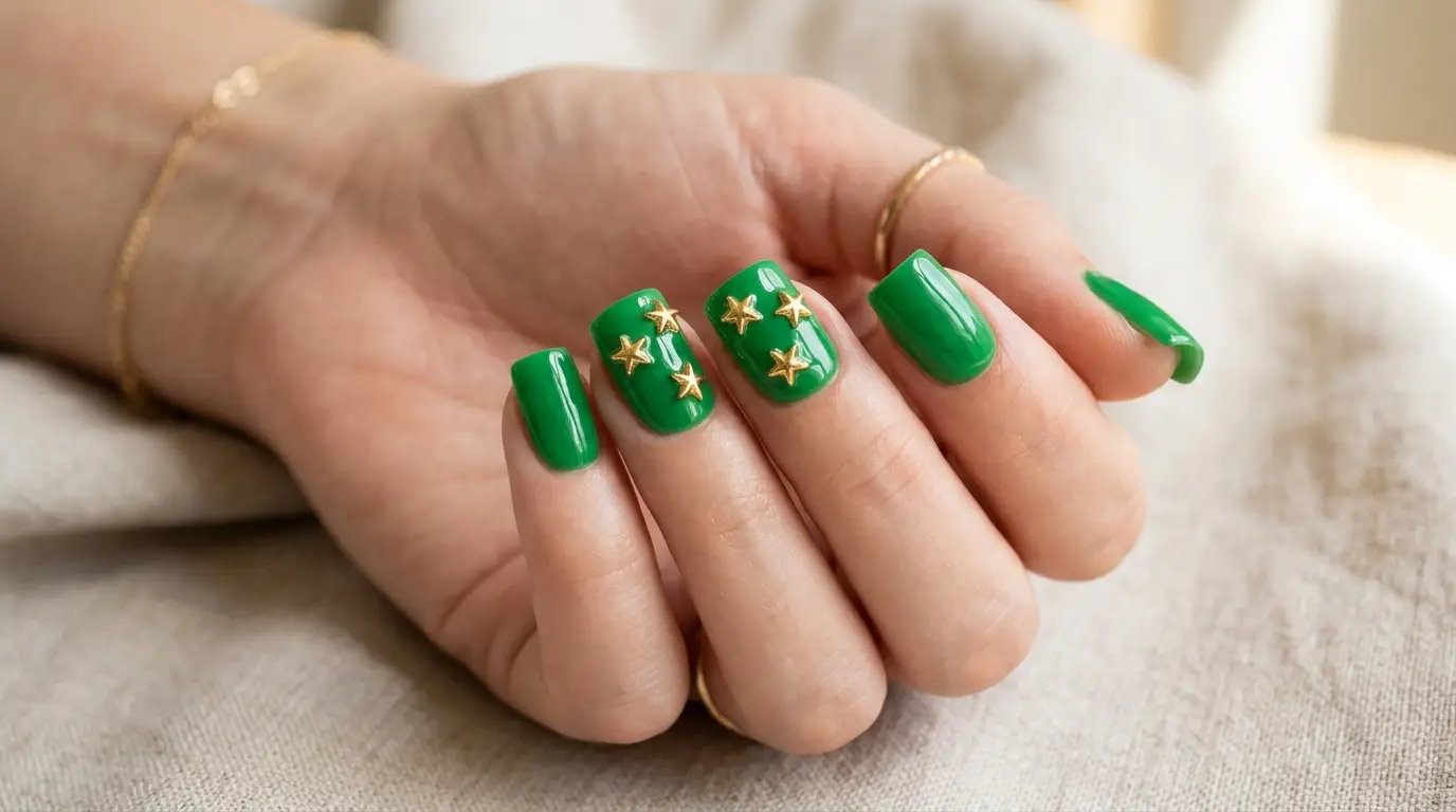Kelly Green Square Nails with Gold Star Charms