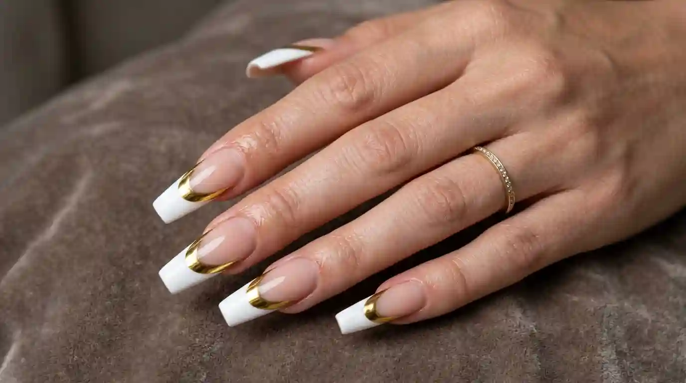 Long coffin-shaped nails with bold gold chrome french tips
