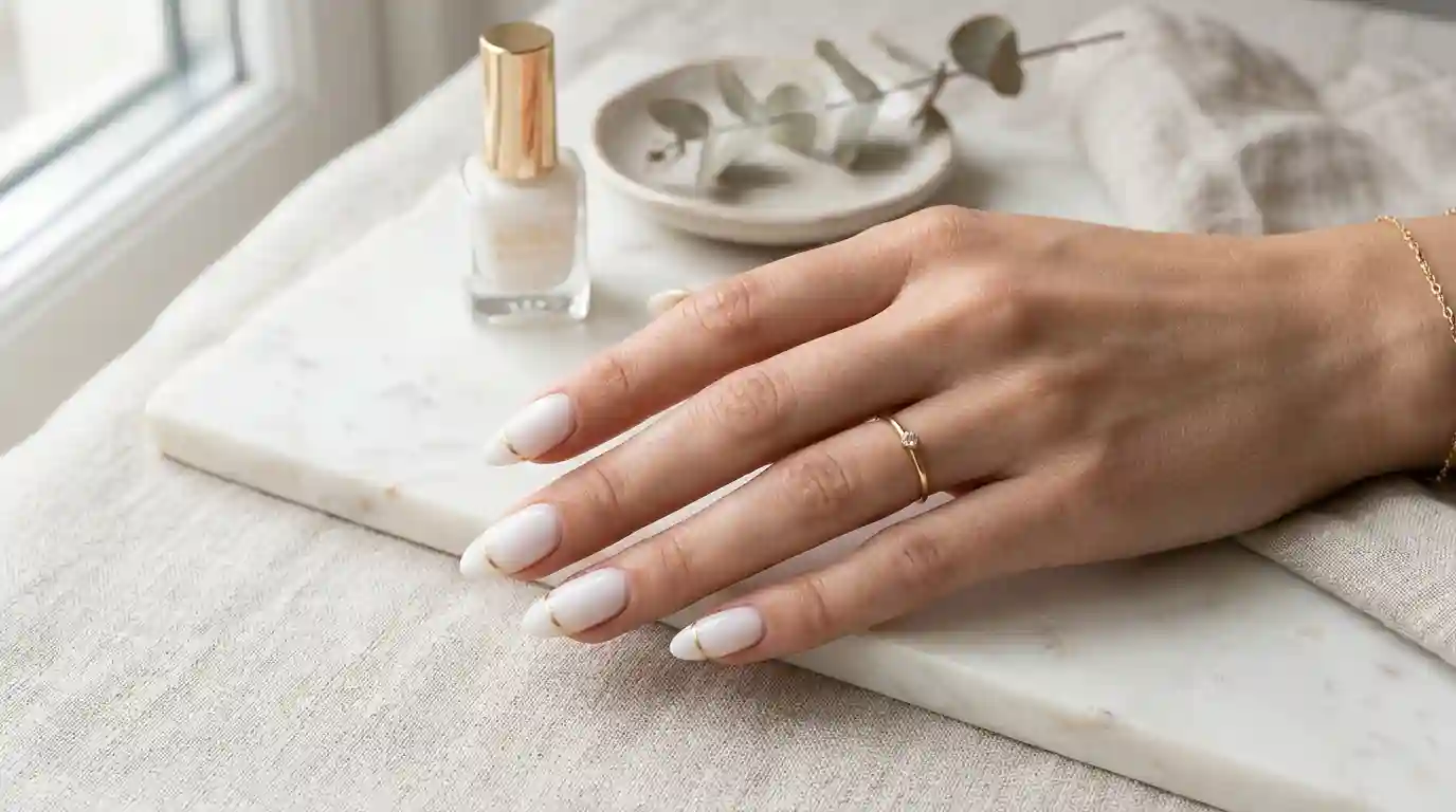 Milky white almond-shaped nails with a thin gold line french tip