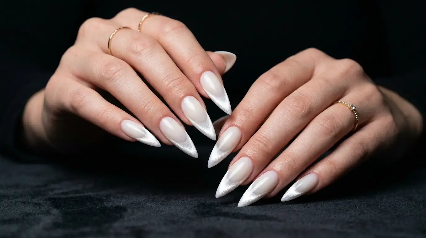 Milky white cat eye French tip nails on stiletto-shaped nails