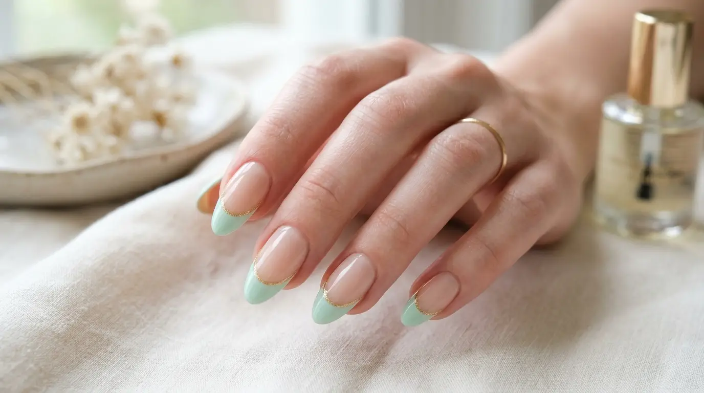 Mint Green French Tips Traced in Gold