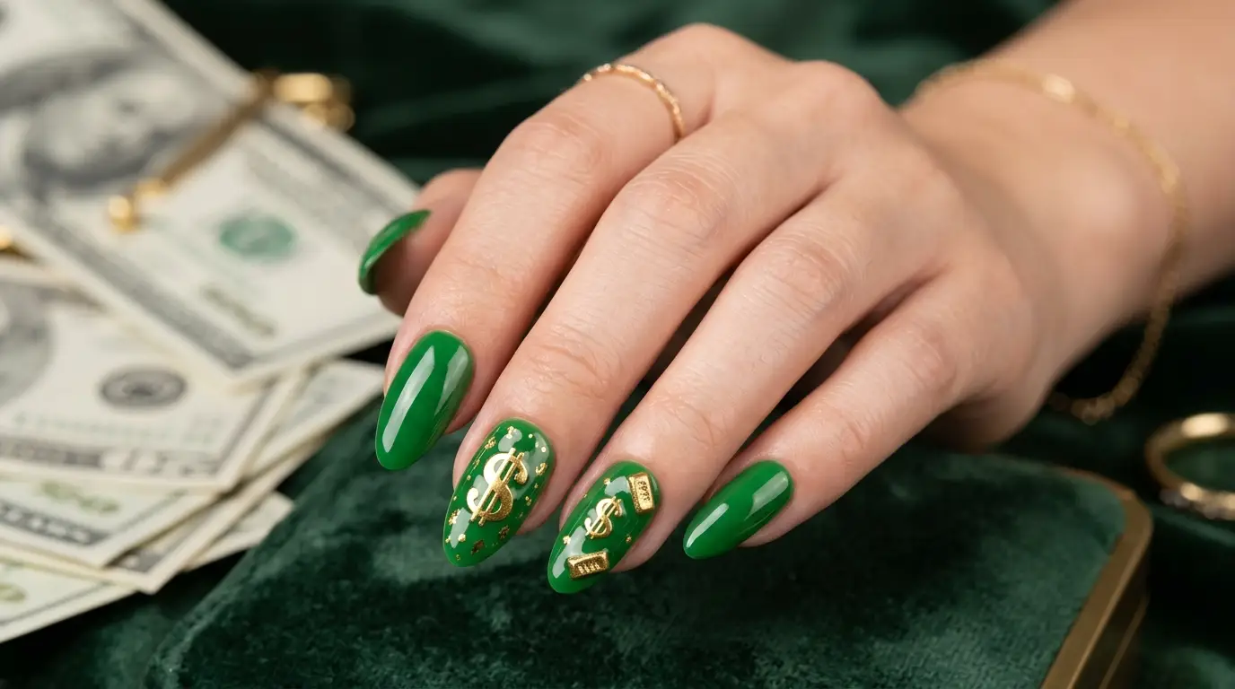 Money Green Nails with Gold Dollar Detail