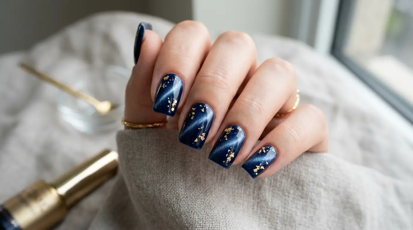 Navy Cat Eye Nails with Gold Flakes