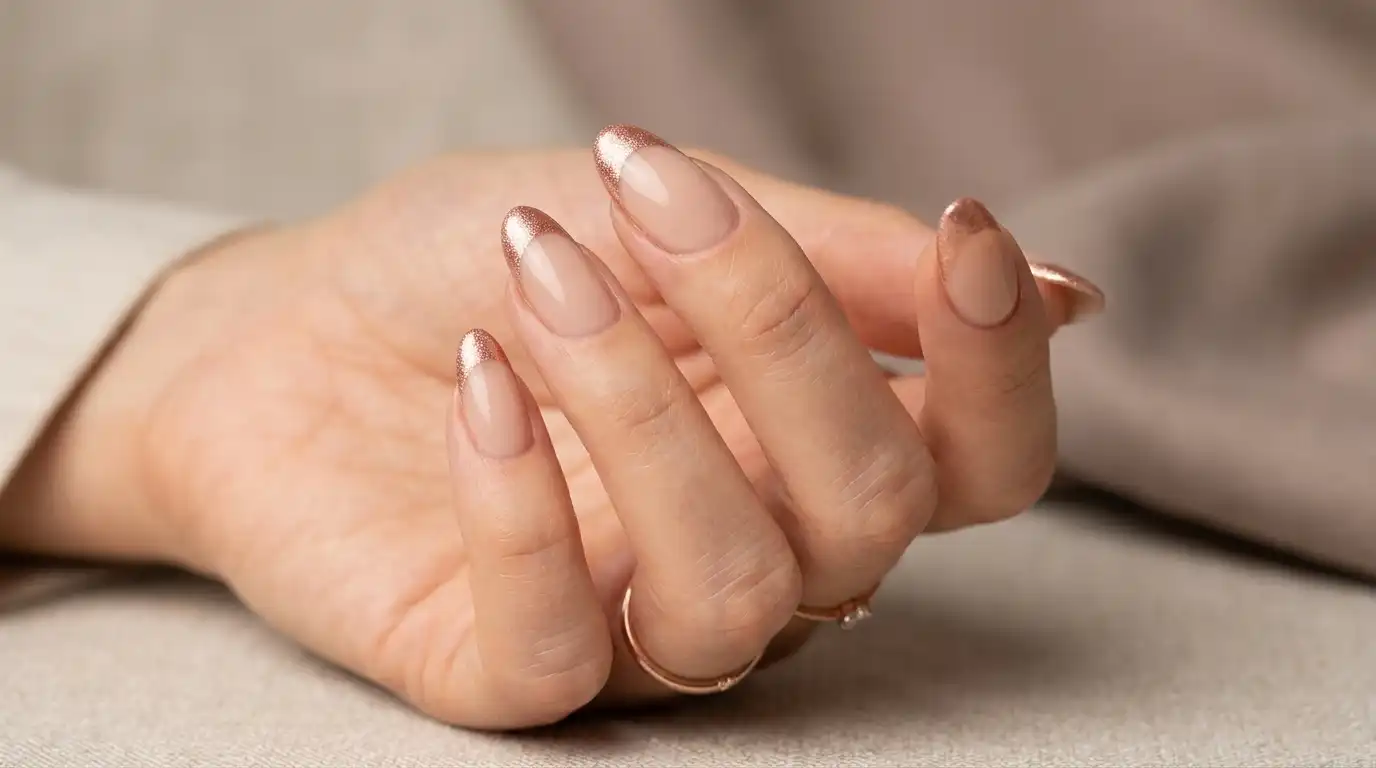Nude nails with frosted rose gold shimmer french tips