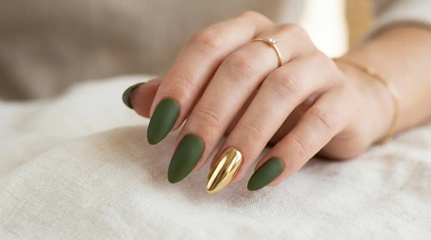Olive Green Matte Press Ons with a Single Gold Accent Nail