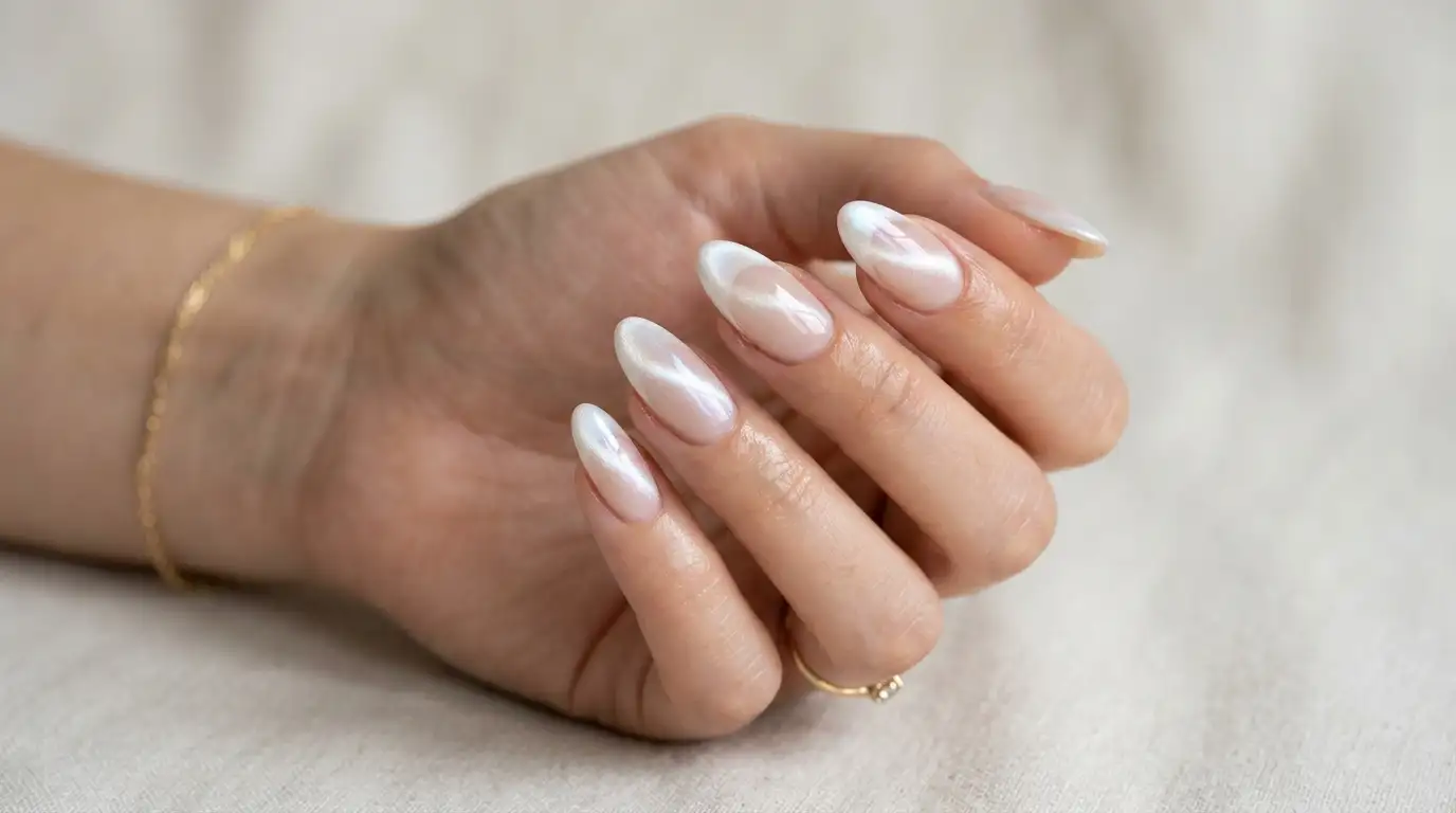 Pearl shimmer white cat eye French tip nails