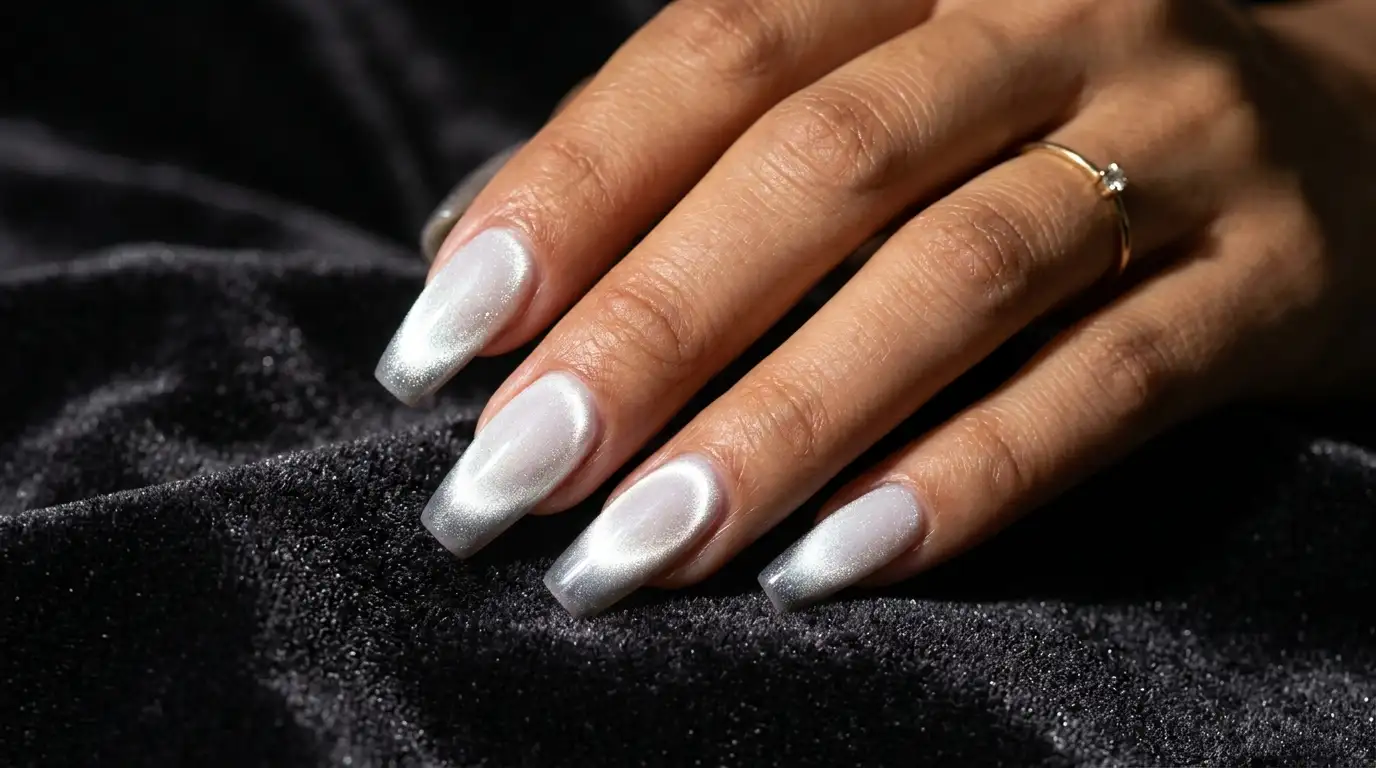 Phantom-style white cat eye French tip nails with hidden glow effect