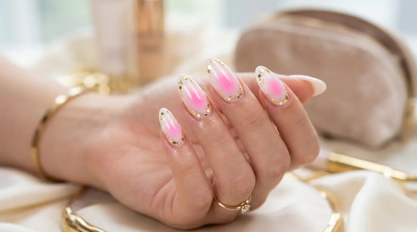 Pink Aura Nails with Gold Confetti Center