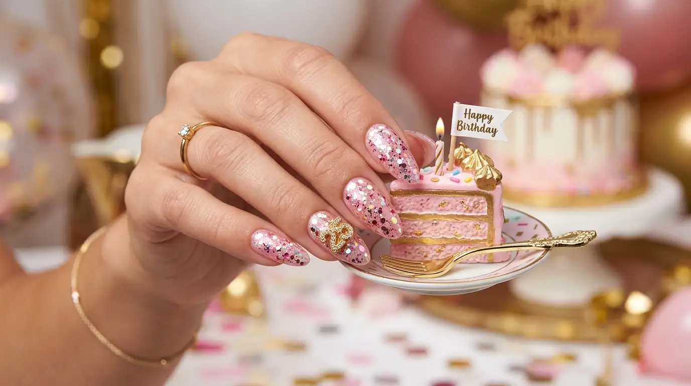 Pink Birthday Confetti Nails with Gold Number Charm