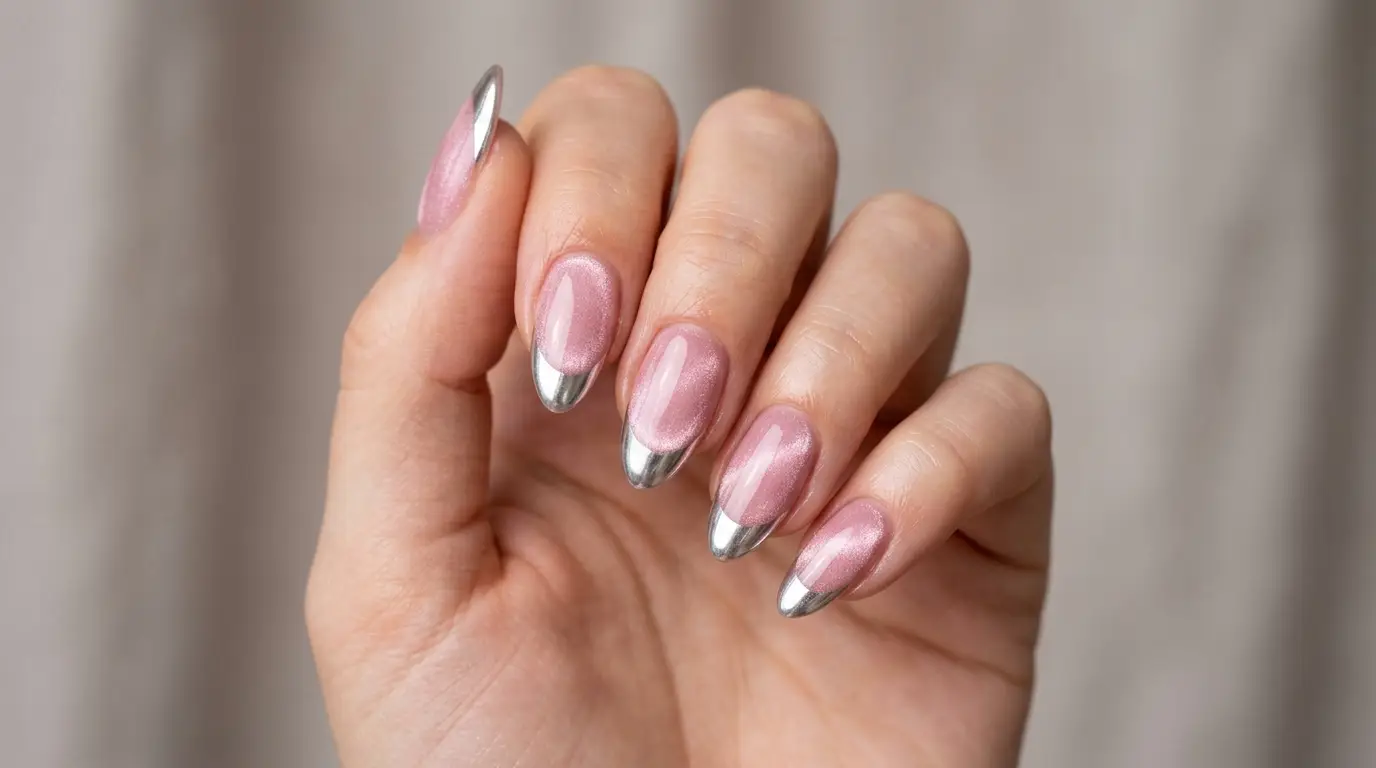 Pink Cat Eye Nails with Silver Chrome Tips