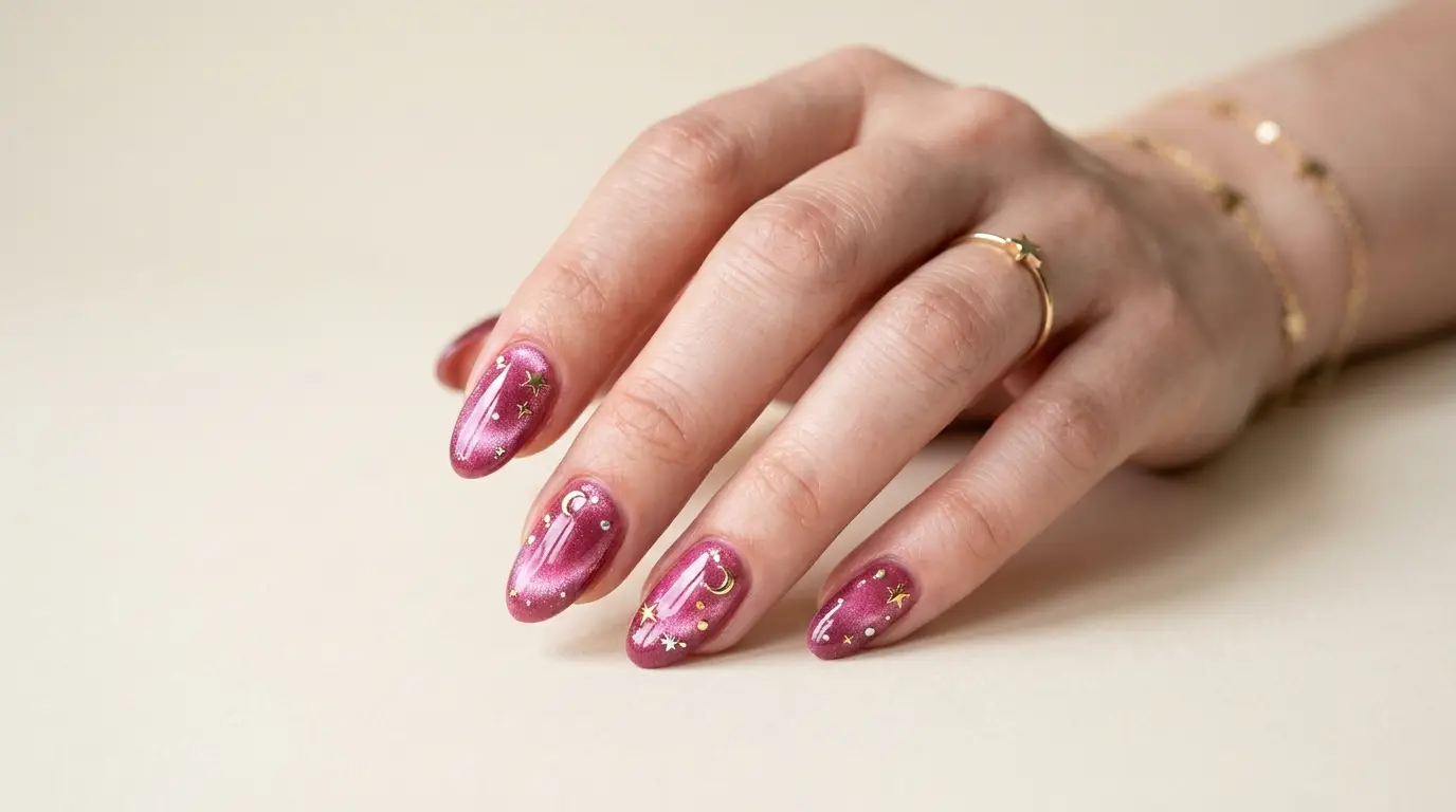 Pink Cat Eye Nails with Star Accents
