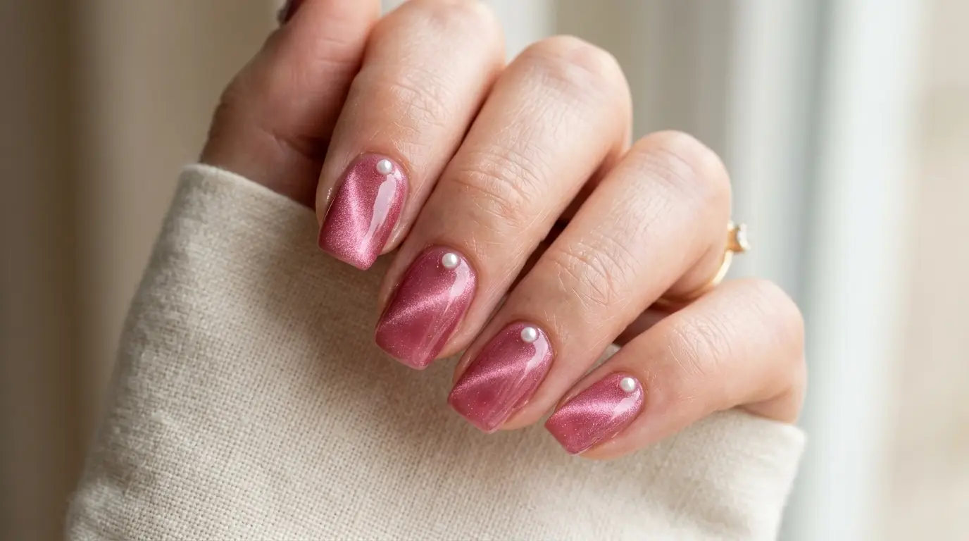 Pink Cat Eye Nails with Tiny Pearls