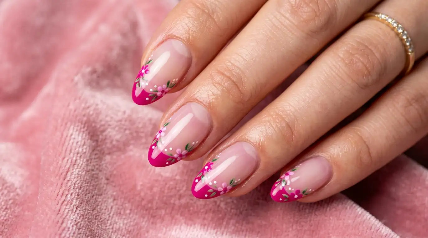 Pink French tip nails with painted floral nail art