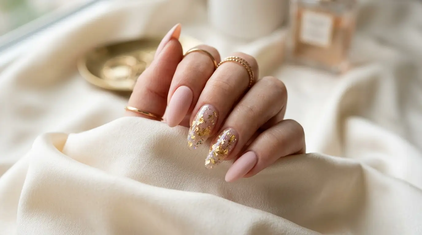 Pink and Gold Confetti Acrylic Nail
