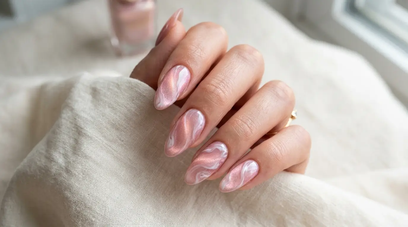 Pink and White Swirl Cat Eye Nails