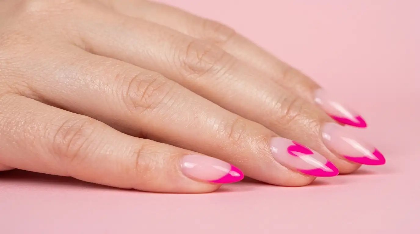 Pink on pink French tip nails with heart nail art accent